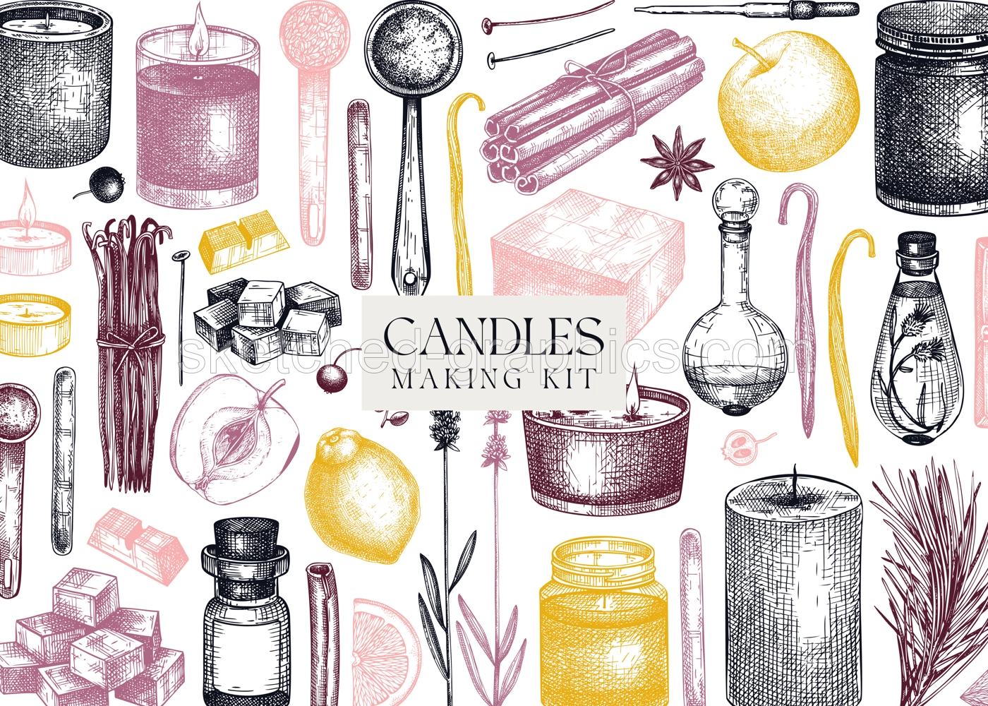 Hand-sketched aromatic candle ingredients banner. Vector design with candles, wax, fragrance, color, herbs, and skewers. Frame template for aromatherapy, hobby, handcrafts, candle making. Illustration